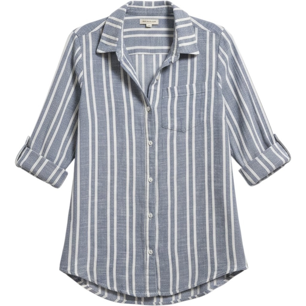 Japna Womens Blue White Striped Cotton Button Down Shirt Roll Tab Sleeve Small